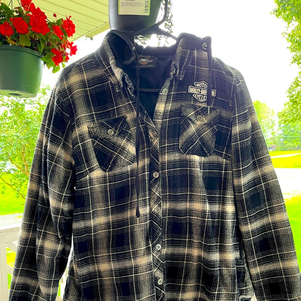 Harley Davidson Flannel Shirt/Removable Hood Button Up Jacket